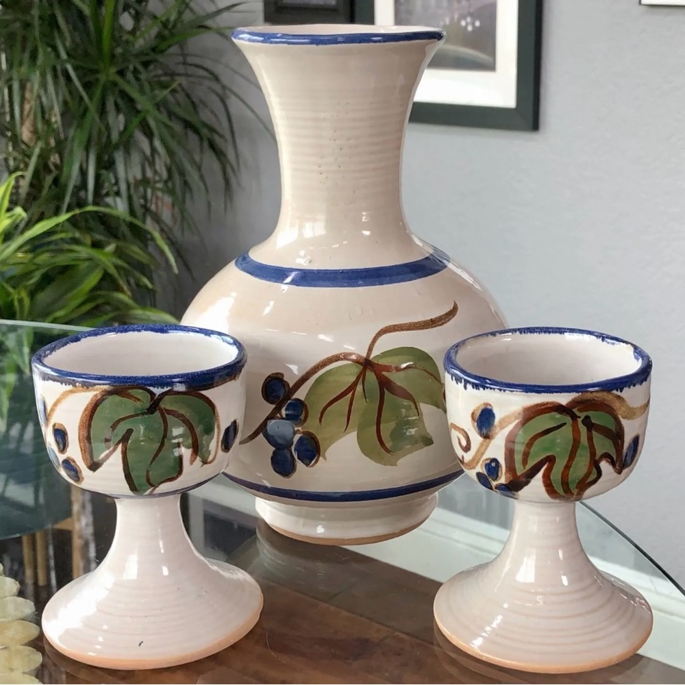 Vintage Pacific Stoneware USA Pottery Wine Carafe Goblet Set Signed B Welsh 1972
